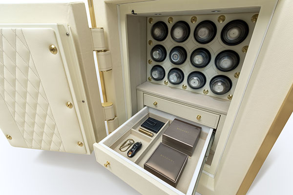 2418 bespoke leather safe in cream and gold interior